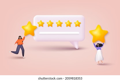 People Characters Giving Five Star Feedback. Vector customer review concepts. Reviews stars with good and bad rate and text. 3D Web Vector Illustrations.