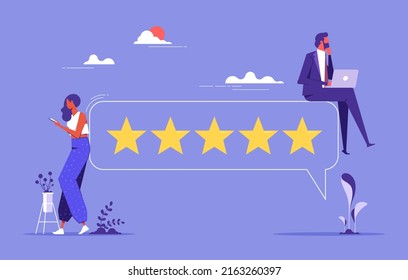 People Characters Giving Five Star Feedback, vector customer review concepts, reviews stars with good and bad rate and text. Vector Illustrations