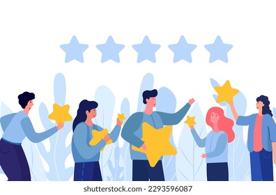 The people characters giving five star feedback represent the importance of customer satisfaction and the role it plays in the success of a business. Reviews stars with good and bad rate. Vector.