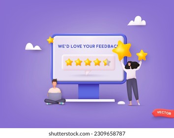 People Characters Giving Five Star Feedback. Vector customer review concepts. Reviews stars with good and bad rate and text. 3D Web Vector Illustrations.