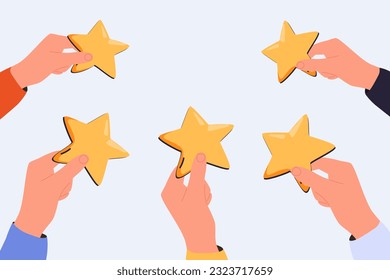 People Characters Giving Five Star Feedback. Clients Choosing Satisfaction Rating and Leaving Positive Review. Customer Service and User Experience Concept. Flat Isometric Vector Illustration.