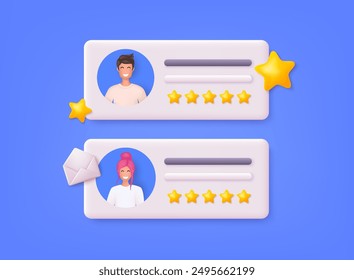 People Characters Giving Five Star Feedback. Vector customer review concepts. Reviews stars with good and bad rate and text. 3D Web Vector Illustrations.