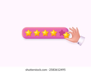 People Characters Giving Five Star Feedback. Clients Choosing Satisfaction Rating and Leaving Positive Review. 3D Web Vector Illustration.