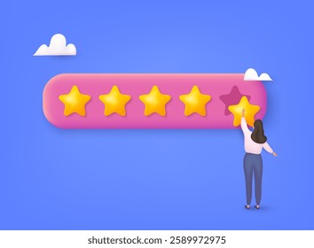 People Characters Giving Five Star Feedback. Vector customer review concepts. Reviews stars with good and bad rate and text. 3D Web Vector Illustrations.
