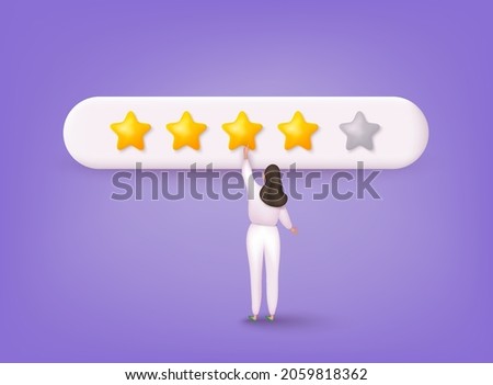 People Characters Giving Five Star Feedback. Vector customer review concepts. Reviews stars with good and bad rate and text. 3D Web Vector Illustrations.