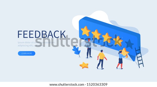 People Characters Giving Five Star\
Feedback. Clients Choosing Satisfaction Rating and Leaving Positive\
Review. Customer Service and User Experience Concept. Flat\
Isometric Vector\
Illustration.