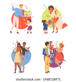 People Characters Giving Gifts to Each Other Celebrating Special Occasions Like Birthday or Holidays Vector Illustration Set