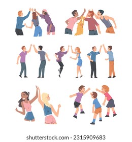 People Characters Giving High Five Gesture with Hand Vector Set