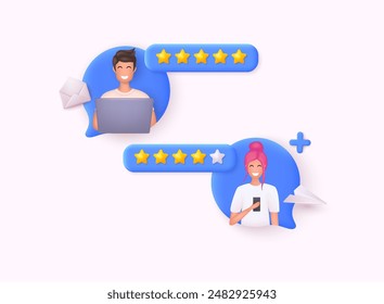 People Characters Giving Stars Feedback. Feedback, customers review, positive user experience concept. 5 stars rating of mobile app, online service satisfaction.  3D Web Vector Illustrations.