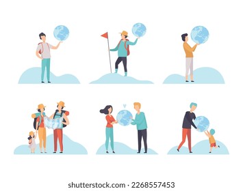 People Characters with Globe and Map Planning Travel Vector Set