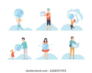 People Characters with Globe and Map Planning Travel Vector Set