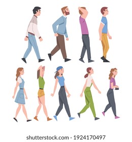 People Characters Going and Walking with Different Gait Side View Vector Illustration Set