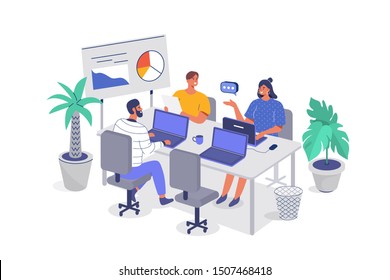 
People Characters Group on Business meeting. Office Workers Sitting and Talking with Colleagues. Woman and Man Communicating at Workplace. Team Working Together. Flat Cartoon Vector Illustration.