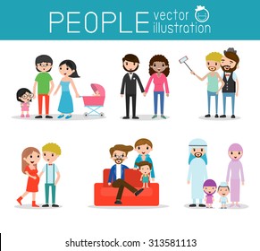 people characters, group of people,lovers and family,  Different nationalities and dress styles, family and kids, vector background