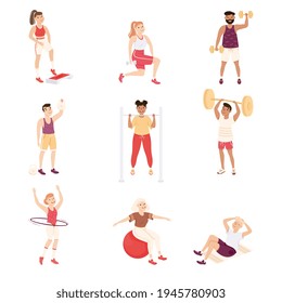 People Characters at Gym Doing Physical Exercise and Workout Vector Illustration Set