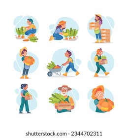 People Characters Harvesting Picking and Gathering Ripe Crops Vector Illustration Set