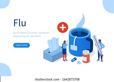 
People Characters have Flu or Cold Disease. Man and Woman, Sneezing in Tissue, Measuring Body Temperature and Drinking Hot Tea. Influenza Treatment Concept. Flat Isometric Vector Illustration.