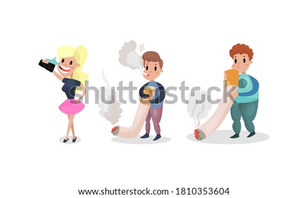 People Characters Having Bad Habits Smoking Cigarette and Taking Selfies Vector Illustration Set