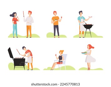 People Characters Having Barbecue in the Park Roasting Sausage on Grill Enjoying Leisure Activity Vector Illustration Set