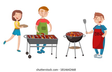 People Characters Having Barbeque Party Grilling Sausages Vector Illustration Set