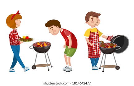 People Characters Having Barbeque Party Grilling Meat Vector Illustration Set