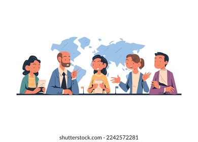 People Characters Having Negotiation Sitting at Negotiating Table Vector Illustration