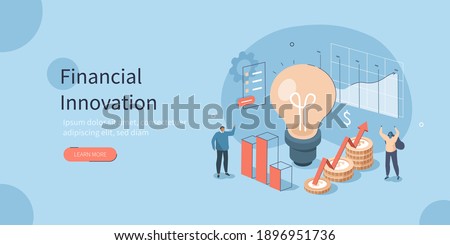 People Characters having new Finance Management Creative Ideas. They Standing near Light Bulb with Graphs, Charts and Diagrams. Financial Innovation Concept. Flat Isometric Vector Illustration.