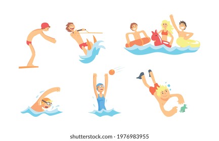People Characters Having Summer Vacation at Seaside Playing and Having Fun with Water Sport On the Beach Vector Illustration Set