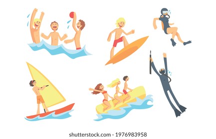 People Characters Having Summer Vacation at Seaside Playing and Having Fun with Water Sport On the Beach Vector Illustration Set