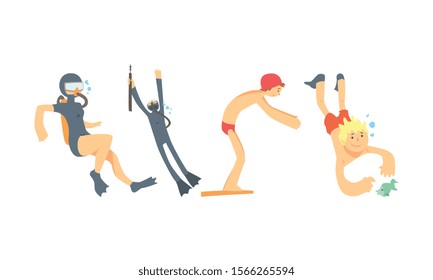 People Characters Having Vacation and Doing Water Activities Vector Illustrations Set.
