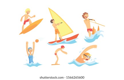 People Characters Having Vacation and Doing Water Activities Vector Illustrations Set