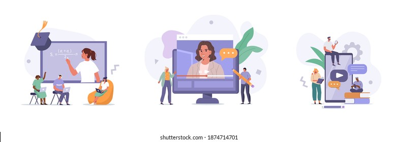 People Characters Having Video Call with Teacher on Laptop and Smartphone. Students Listening Lection and Learning on Digital Platform. Online Education Concept. Flat Cartoon Vector Illustrations.
