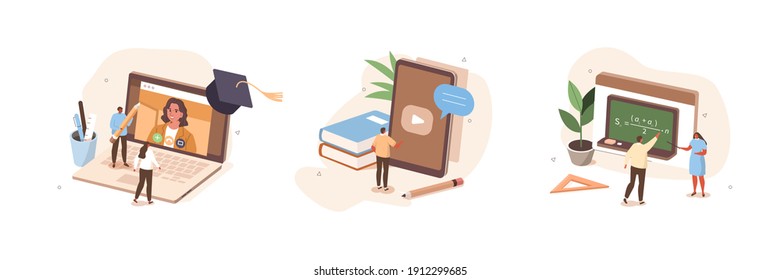 People Characters Having Video Call with Teacher on Laptop and Smartphone. Students Listening Lection and Learning on Digital Platform. Online Education Concept. Flat Cartoon Vector Illustrations Set.