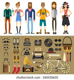 People characters: hipster, tourist, photographer, teen, men, women. Fashion style: mustache, beard, retro phone, typewriter, camera, notebook, shoes, tie, bag, bicycle. Vector flat illustration 