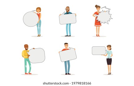 People Characters Holding Empty Speech Bubble Vector Illustration Set