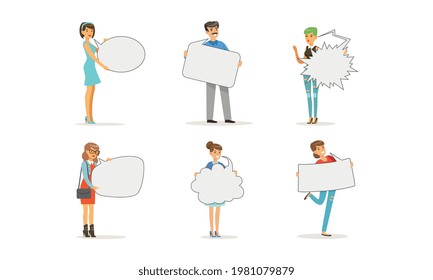 People Characters Holding Empty Speech Bubble Vector Illustration Set