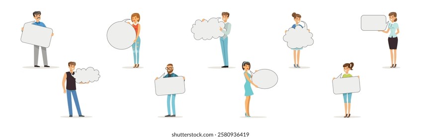 People Characters Holding Empty Speech Bubble Vector Illustration Set
