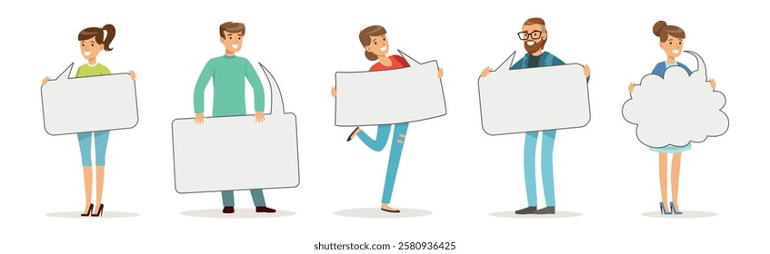 People Characters Holding Empty Speech Bubble Vector Illustration Set