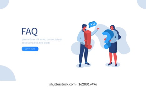 People Characters holding Exclamations and Question Marks. Woman and Man Ask Questions and receive Answers. Online Support center. Frequently Asked Questions Concept. Flat Vector Illustration.