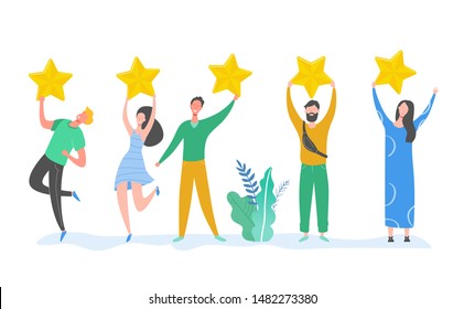 People characters holding gold stars. Men and women rate services and user experience. Juries rating in the competition. Five stars positive review or good feedback. Vector cartoon illustration