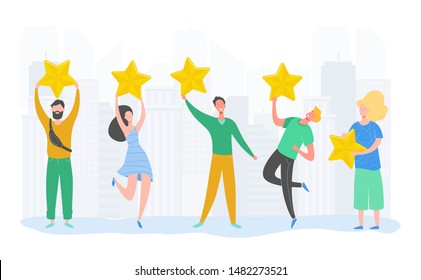 People characters holding gold stars. Men and women rate services and user experience. Juries rating in the competition. Four stars positive review or good feedback. Vector cartoon illustration