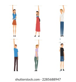 People Characters Holding Handle or Rail in Public Transport Vector Set