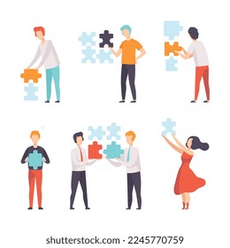 People Characters Holding Jigsaw Puzzle Connecting Parts Vector Set