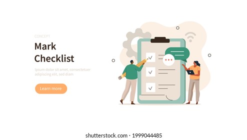 People characters holding pencil and filling big checklist. Man putting check mark on checklist in survey form. Business organization and planning concept. Flat cartoon vector illustration.
