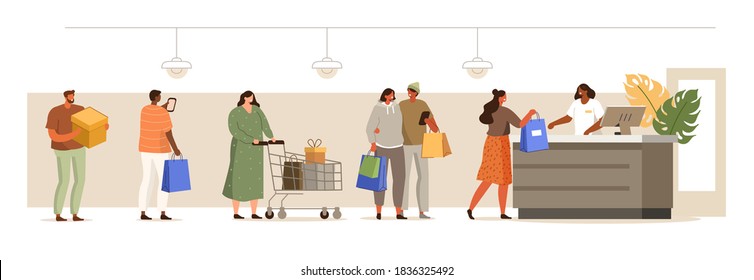 People Characters holding Shopping Bags waiting in Line in front of Cash Desk. Customers Queue in Retail Shop or Supermarket. Sales and Discount Season. Flat Cartoon Vector Illustration.