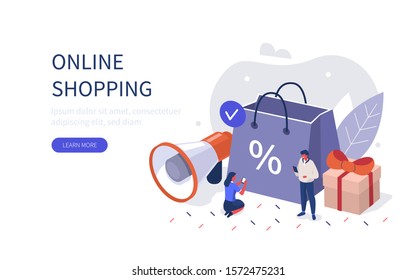 
People Characters Holding Smartphones and Standing near Shopping Bag with Discount Sign.  Woman and Man Making Order in Mobile App. E-Commerce Concept. Flat Isometric Vector illustration.