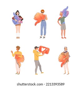 Caracteres de la gente que sostienen el signo ascendente y descendente como conjunto de ilustración del vector de notificación de aprobación y desaprobación