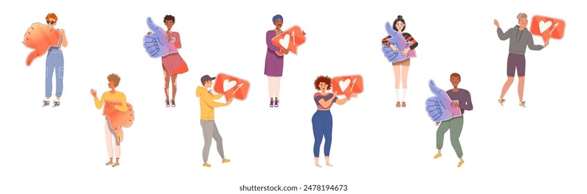 People Characters Holding Thumb Up and Down Sign as Notification of Approval and Disapproval Vector Illustration Set