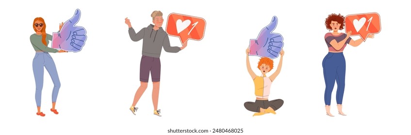People Characters Holding Thumb Up and Like Sign as Notification of Approval Vector Illustration Set
