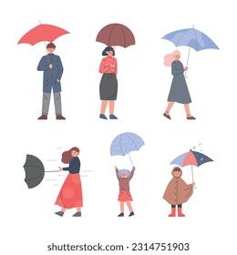 People Characters Holding Umbrella Walking in Rainy Day Vector Set